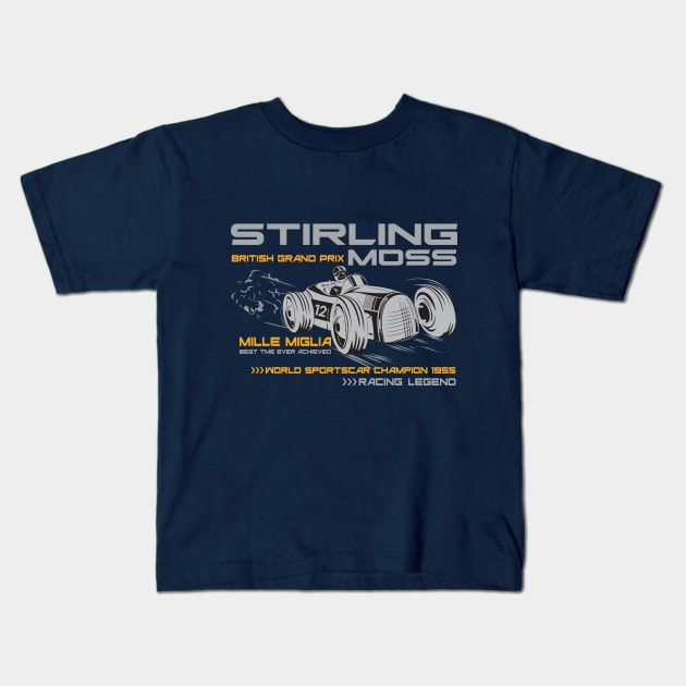 Stirling Moss F1 British Grand Prix Motorsports Racing Legend Kids T-Shirt by CGD